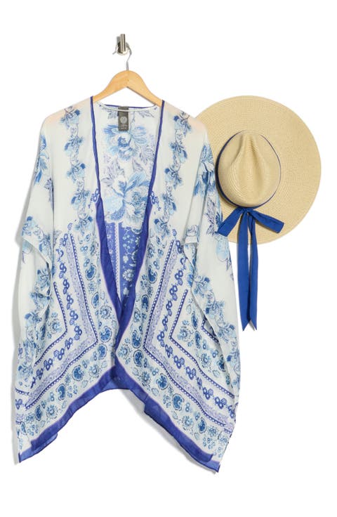 Floral Scarf Print Ruana & Straw Hat Set