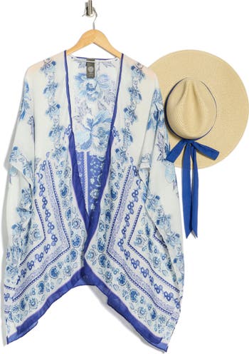Vince Camuto Floral Scarf Print Ruana & Straw Hat Set  display picture 1