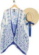 Vince Camuto Floral Scarf Print Ruana & Straw Hat Set