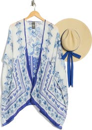 Vince Camuto Floral Scarf Print Ruana & Straw Hat Set