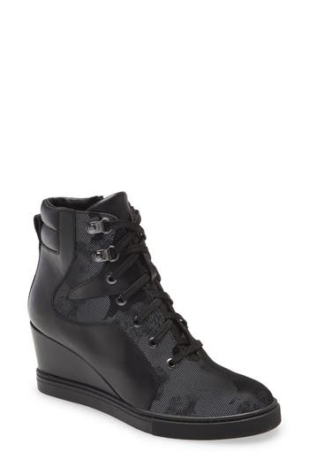 Shop Linea Paolo Fleur Wedge Sneaker In Black Camo Fabric/leather