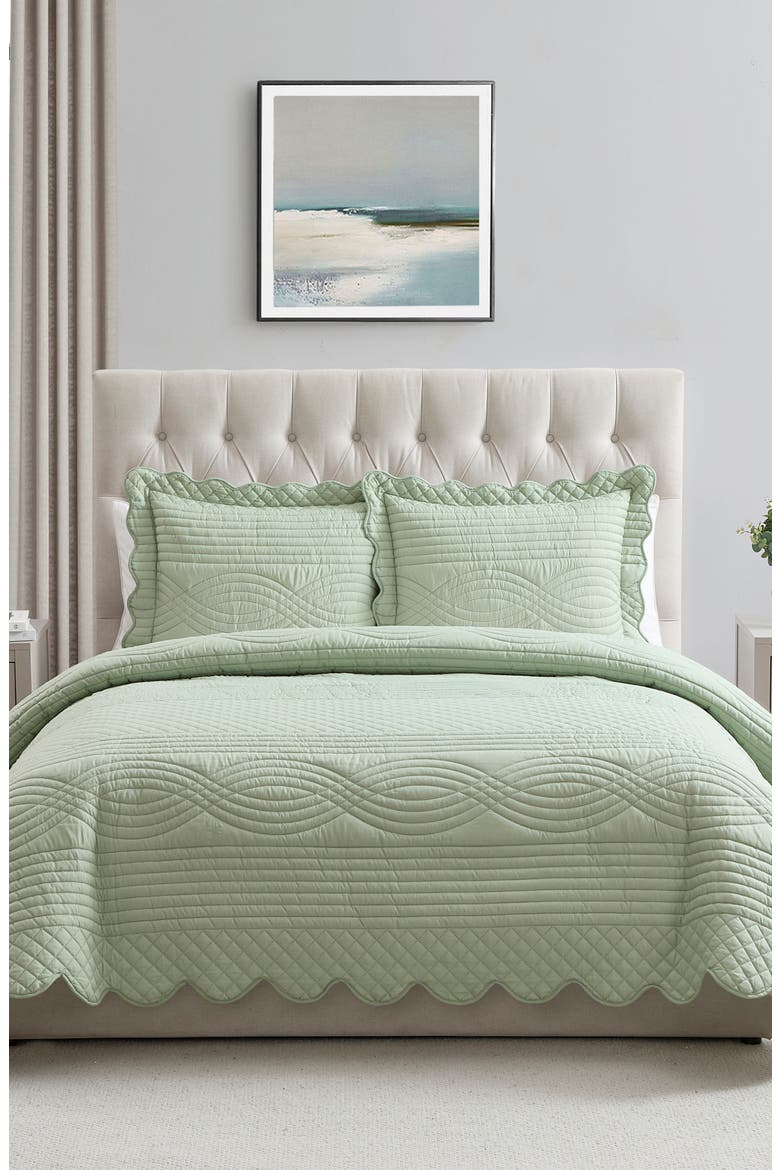 Scallop Microfiber Quilt Set, Alternate, color, GREEN