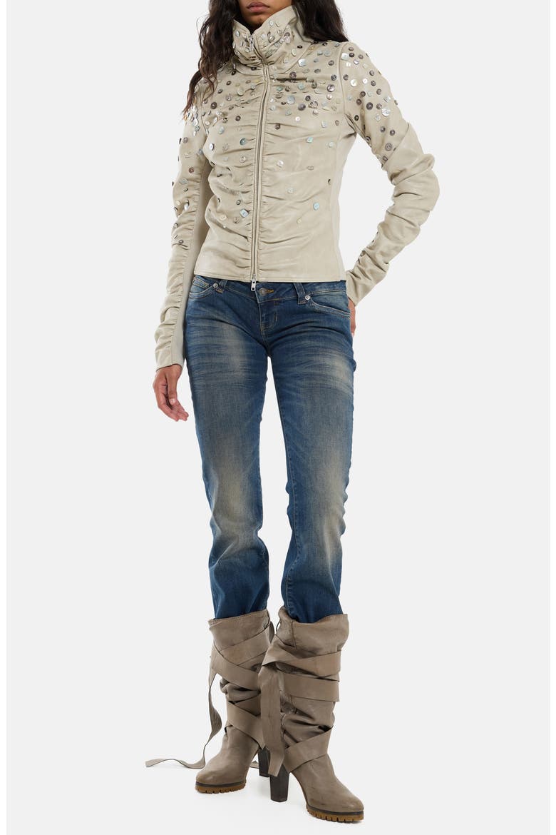 Button-Decorated Faux Leather Fitted Jacket, Alternate, color, BEIGE