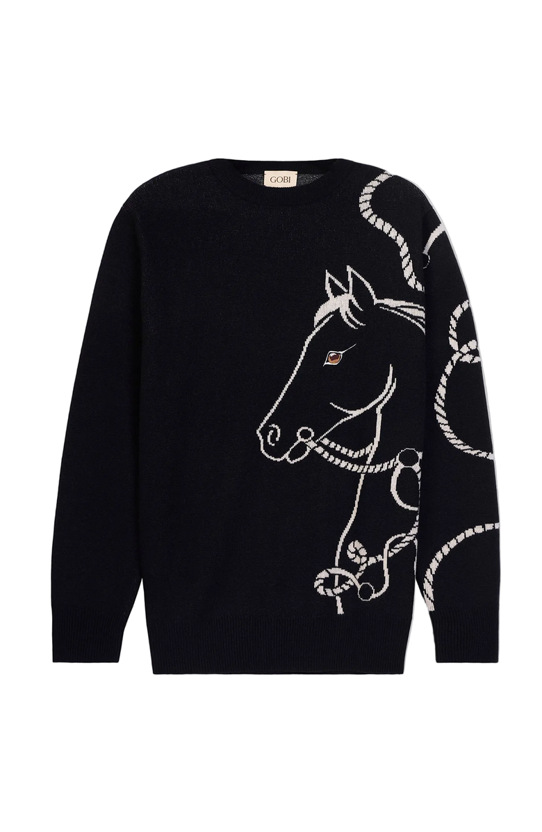 Gobi Cashmere Cashmere Horse Jacquard Sweater, Main, color, Black