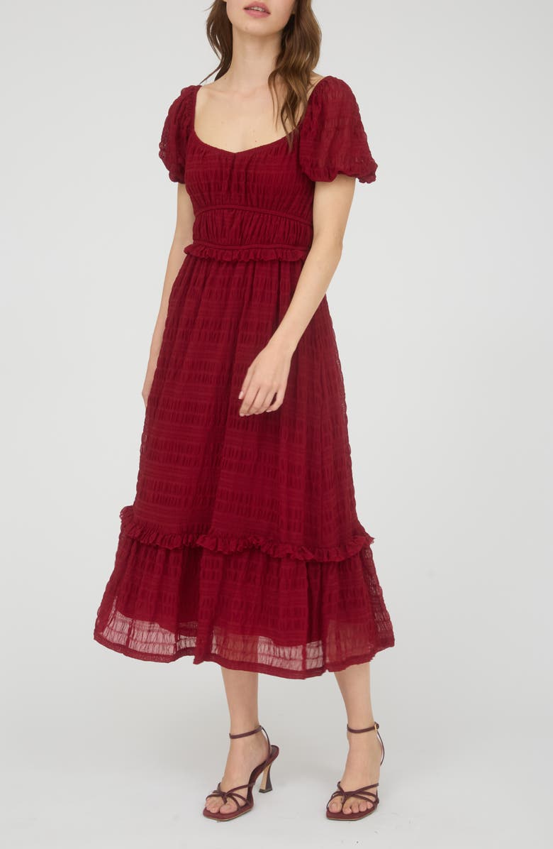 AUGUST SKY Puff Sleeve Tiered Midi Dress, Main, color, Deep Red