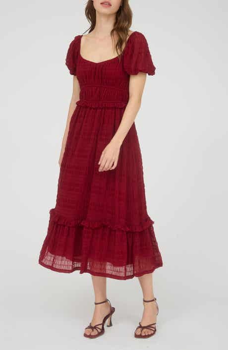 AUGUST SKY Puff Sleeve Tiered Midi Dress