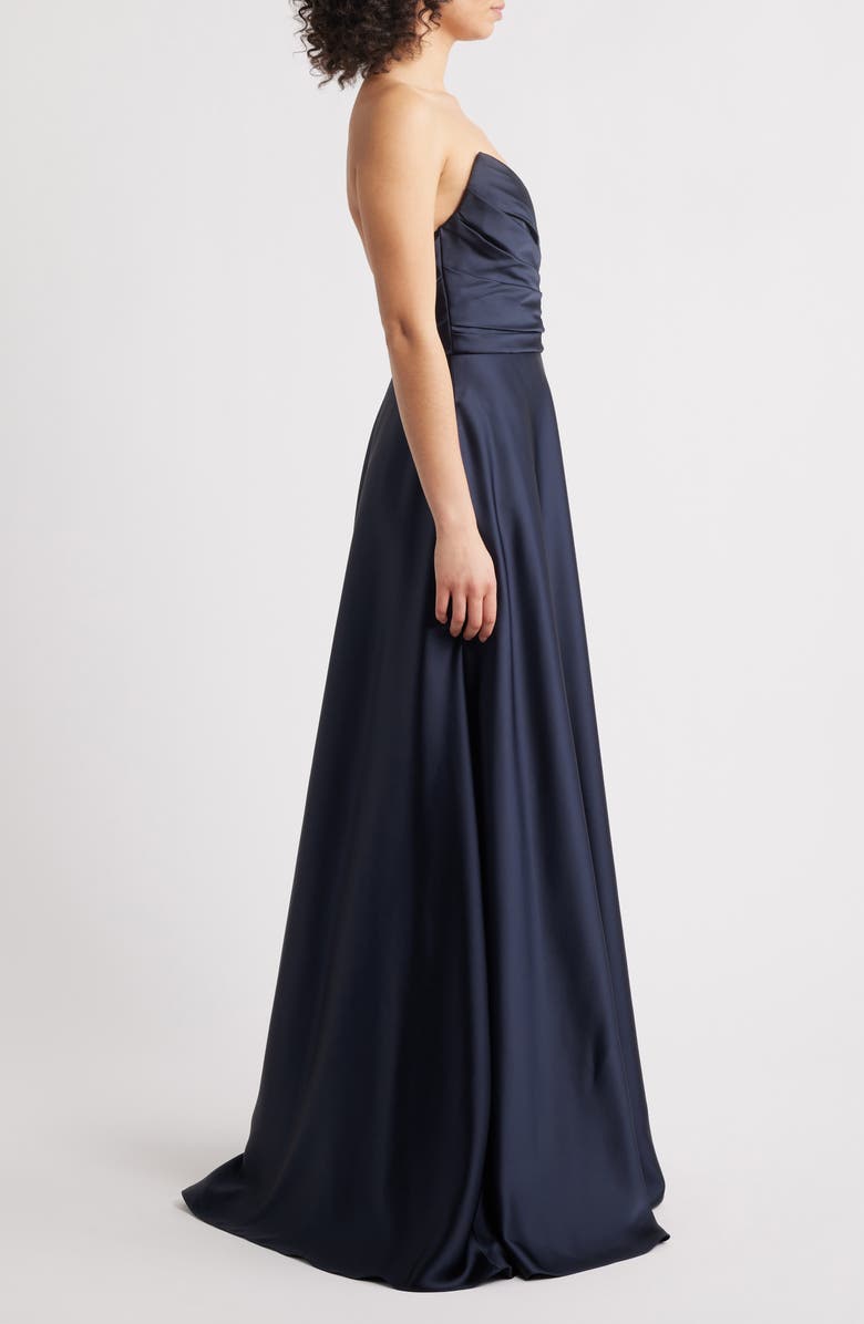 Amsale Strapless Satin Gown, Alternate, color, Navy