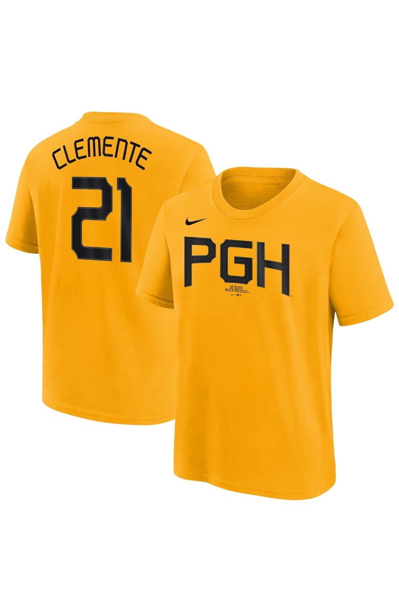 Nike Youth Nike Roberto Clemente Gold Pittsburgh Pirates Fuse City Connect Name & Number T-Shirt, Alternate, color, Gold