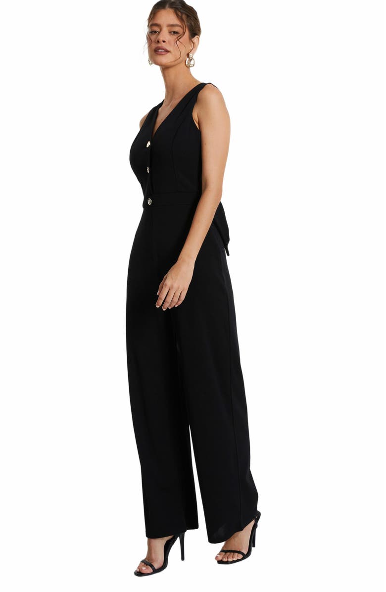QUIZ Button Front Scuba Crepe Jumpsuit With Open Back, Alternate, color, Black