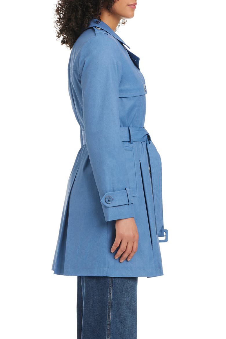 belted double breasted pleated trench coat, Alternate, color, PRINTED DENIM