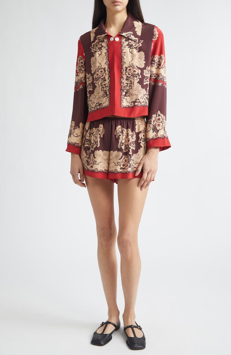 Bode Storybook Silk Tap Shorts, Alternate, color, Red Black