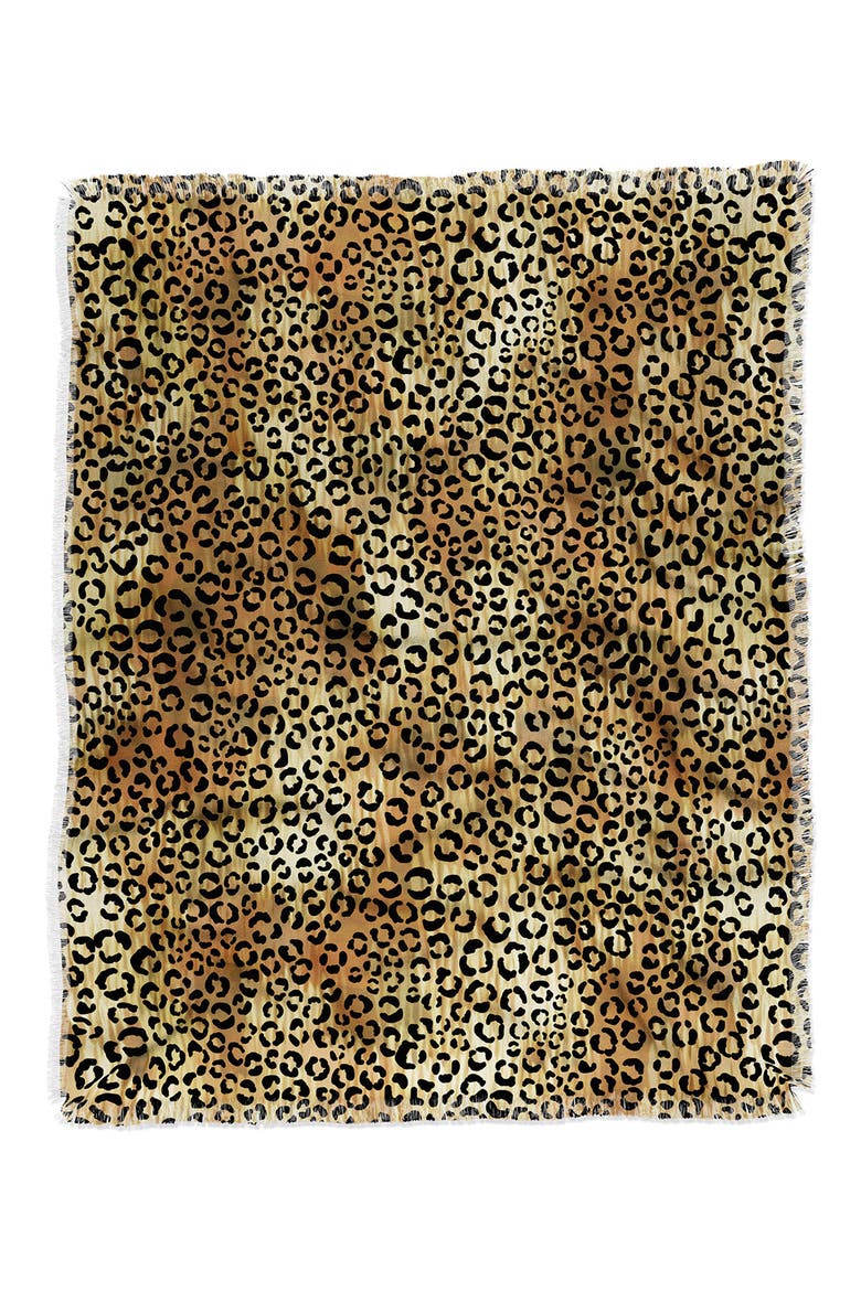 Leopard Print Fringe Trim Throw Blanket, Main, color, BROWN