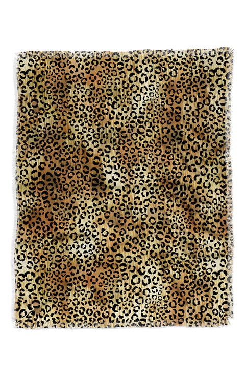 Leopard Print Fringe Trim Throw Blanket