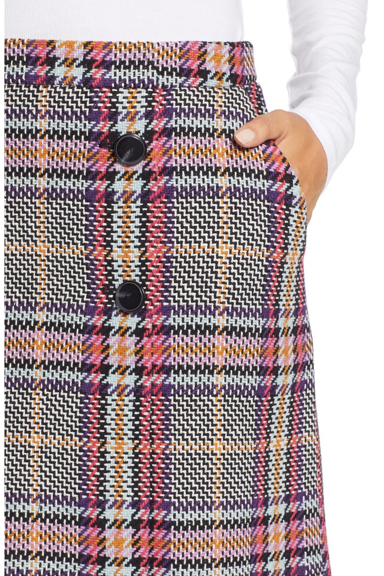 Button Detail Plaid Skirt, Alternate, color, PURPLE MULTI PLAID