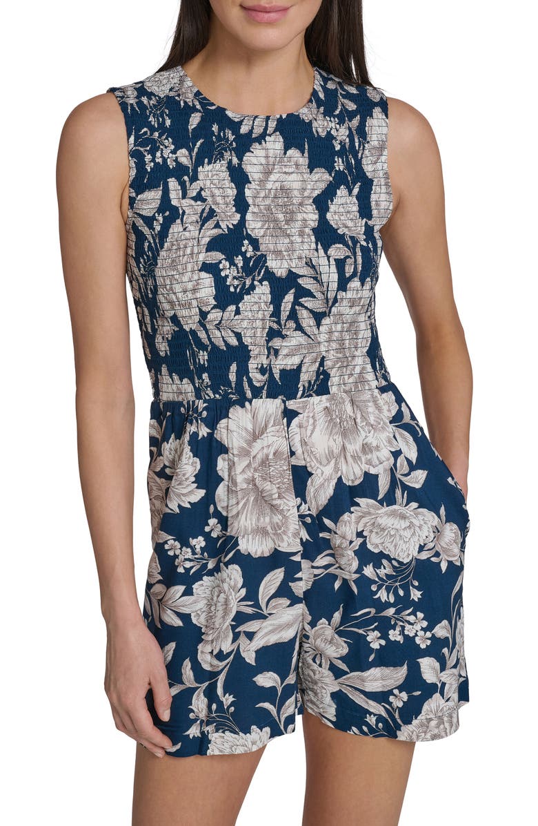 Calvin Klein Floral Smocked Sleeveless Romper, Alternate, color, Indigo Multi