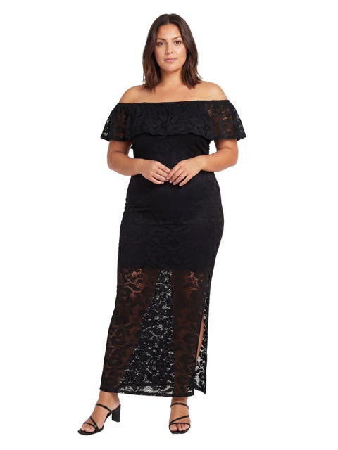 Curvy Elevate Lace Off the Shoulder Side Slit Body-Con Maxi Dress