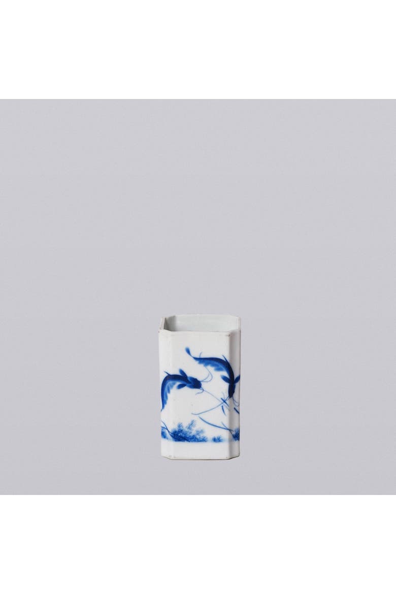 1920s Blue and White Porcelain Fish Square Vase, Main, color, Blue and White