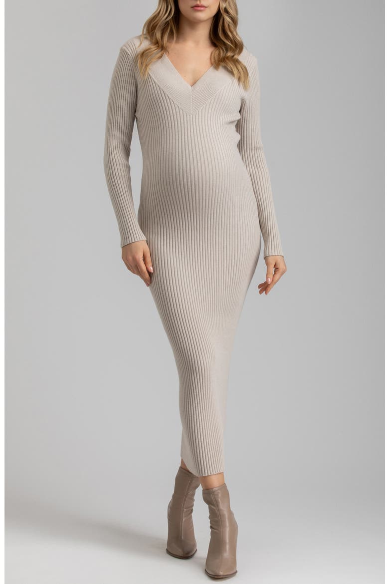 Rib Long Sleeve Maternity Midi Sweater Dress, Main, color, LIGHT BEIGE