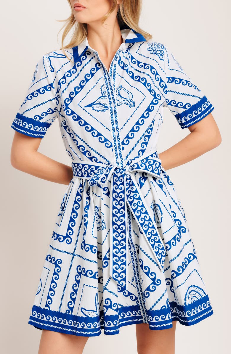 FLYING TOMATO Printd Belted Shirtdress, Alternate, color, White/ Blue
