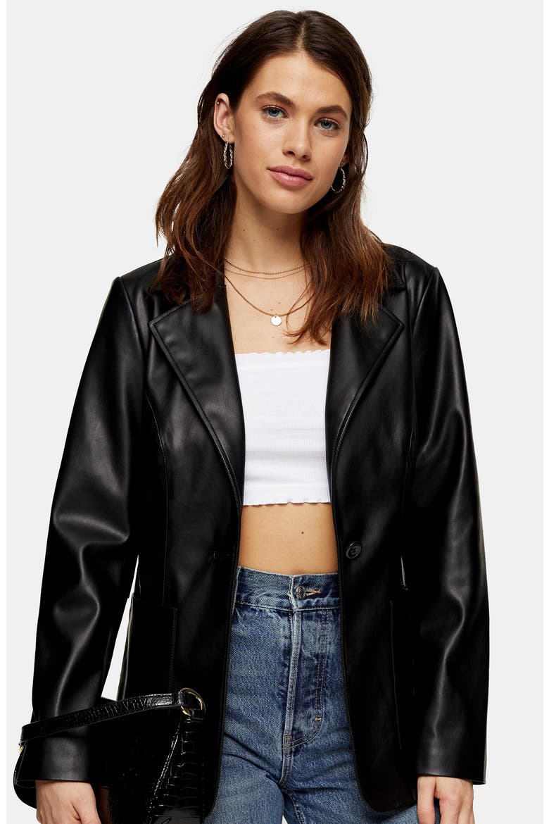 Faux Leather Blazer, Alternate, color, BLACK