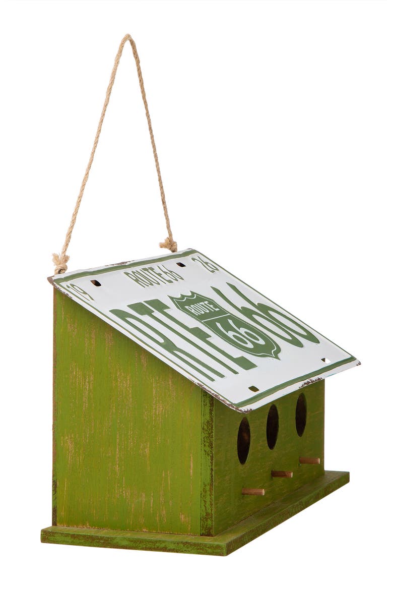 14"L Distressed MDF and Metal Decorative Outdoor Hanging Garden Birdhouse, Alternate, color, Green