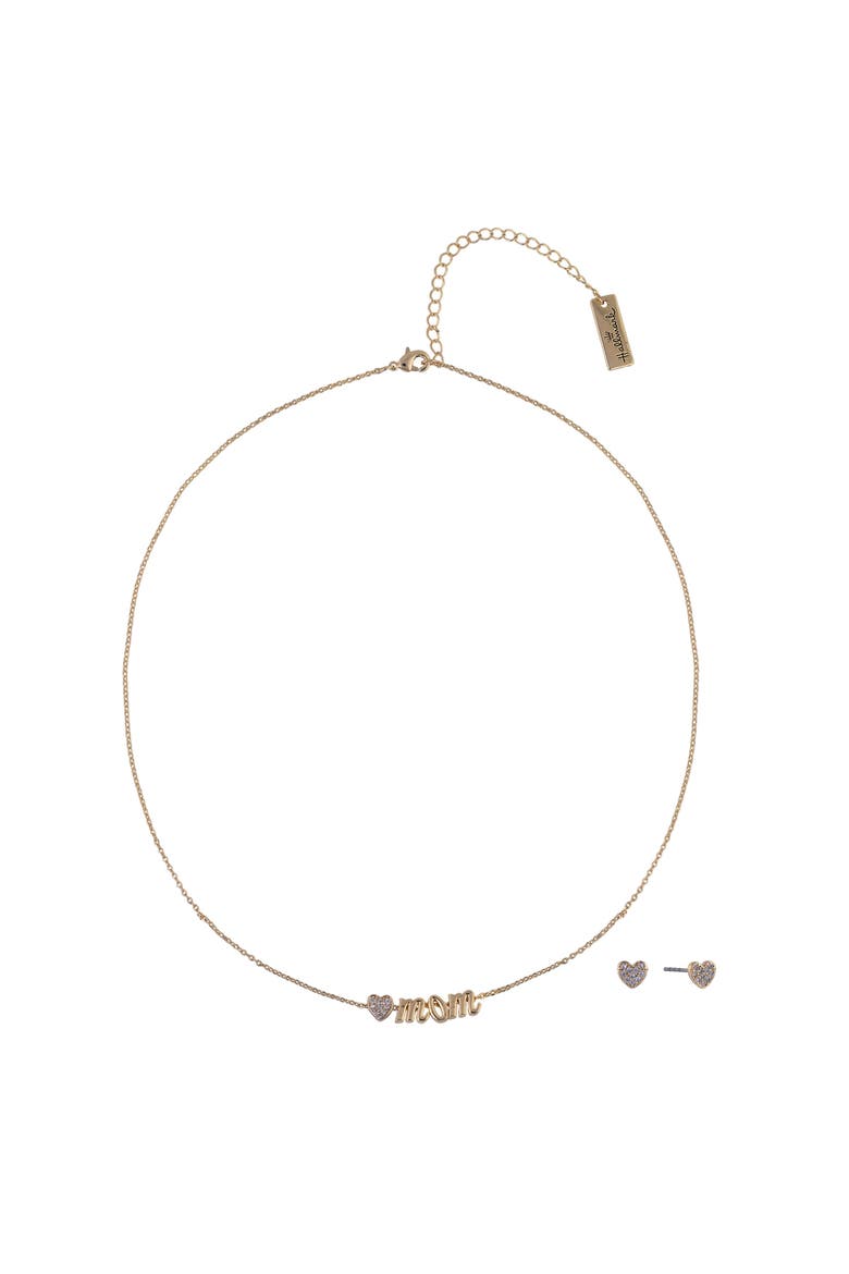 Gold Tone Mom and Heart Pendant Necklace and Earring Set, Main, color, Gold