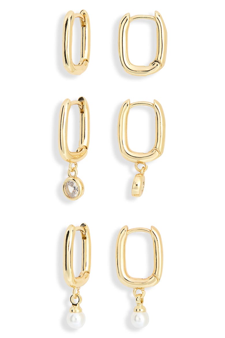 Set of 3 Oval Hoop Earrings, Main, color, CLEAR- WHITE- GOLD