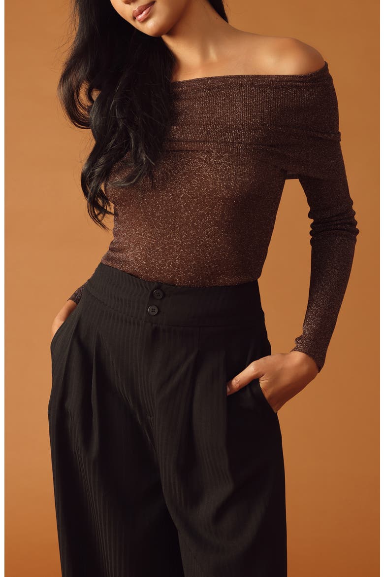 Metallic Foldover Off the Shoulder Sweater, Alternate, color, BROWN METALLIC