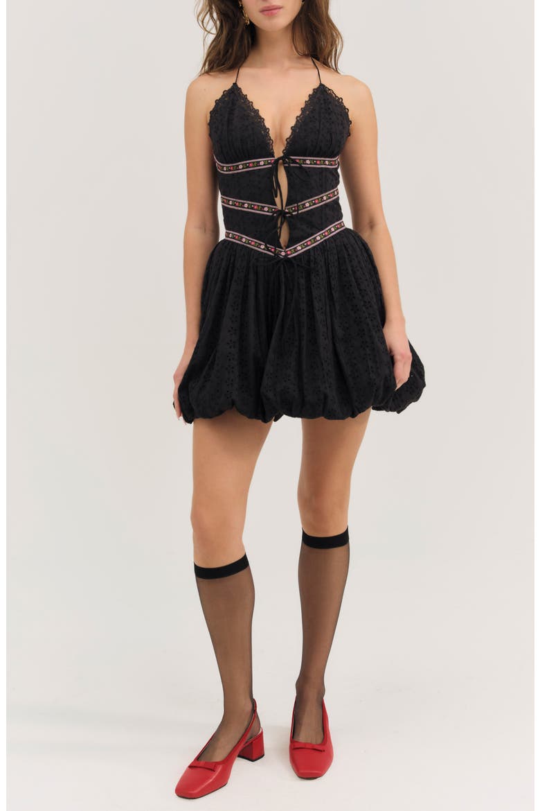McKinley Embroidered Detail Cotton Minidress, Main, color, BLACK