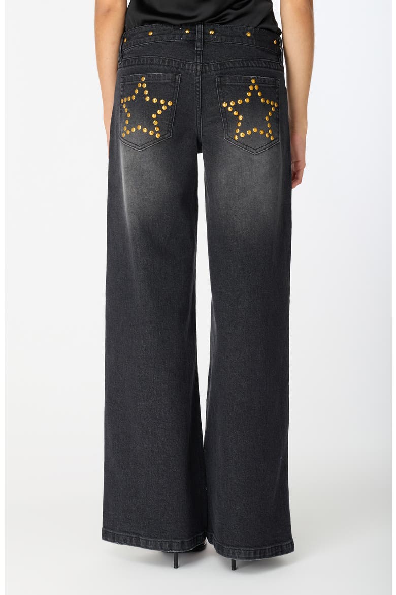 Frida Star Studded Low Rise Wide Leg Jeans, Alternate, color, BLACK TINT WASH