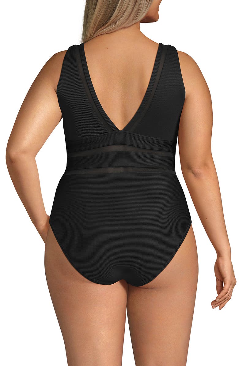 Lands' End Plus Size Mesh Ribbed Plunge High Leg One Piece Swimsuit, Alternate, color,