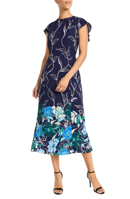 Maggy London Floral Back Ruffle Detail Midi Dress In Navy/cobalt Blue