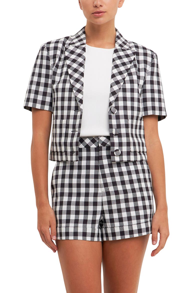 Short Sleeve Gingham Blazer, Main, color, BLACK