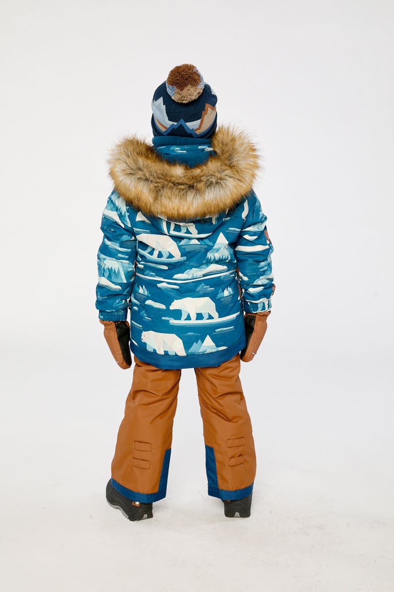 Play Faux Fur Hood Bear Jacket & Pants Two Piece Snowsuit, Alternate, color, Blue Bear Print