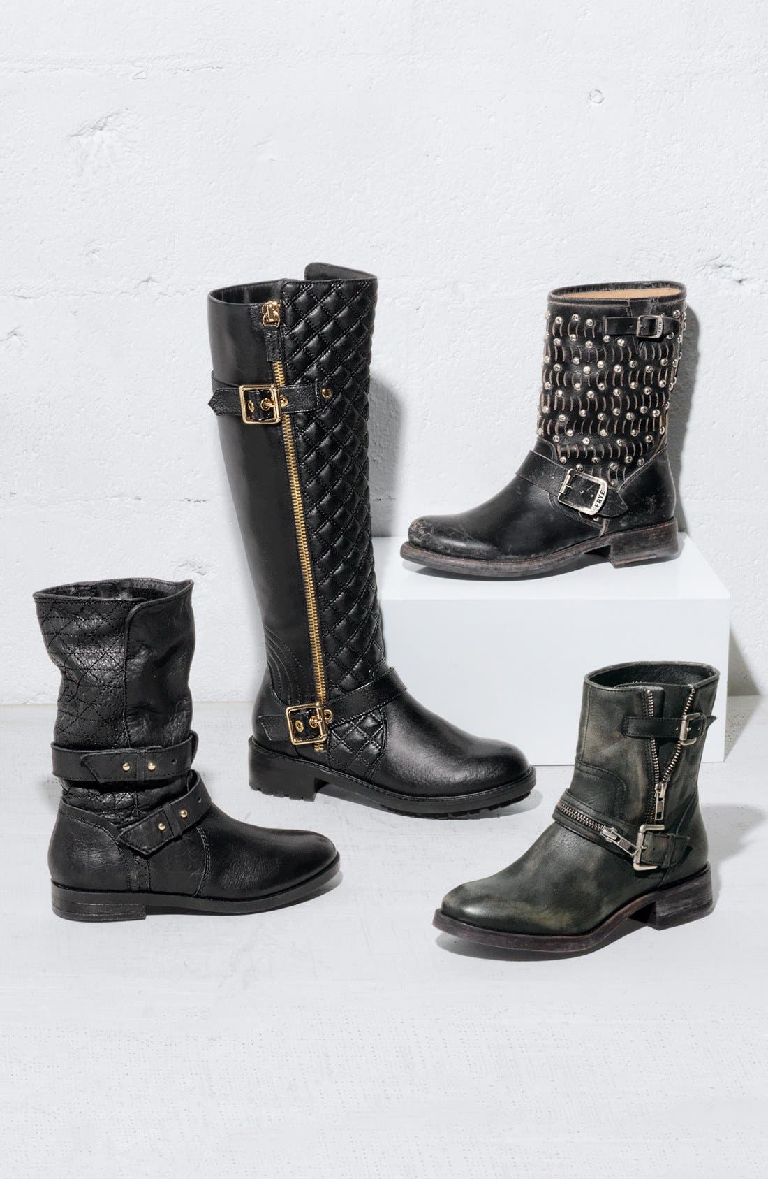 'Jenna Cut Stud' Short Moto Boot, Alternate, color, BLACK DISTRESSED LEATHER