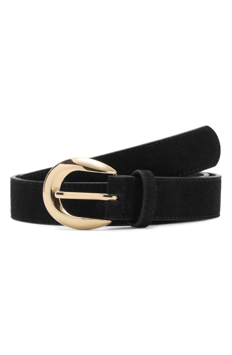 MANGO Oval Buckle Suede Belt, Main, color, Black