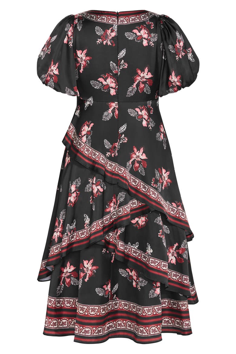 Thea Floral Tiered Puff Sleeve Midi Dress, Alternate, color, BLACK FLORAL