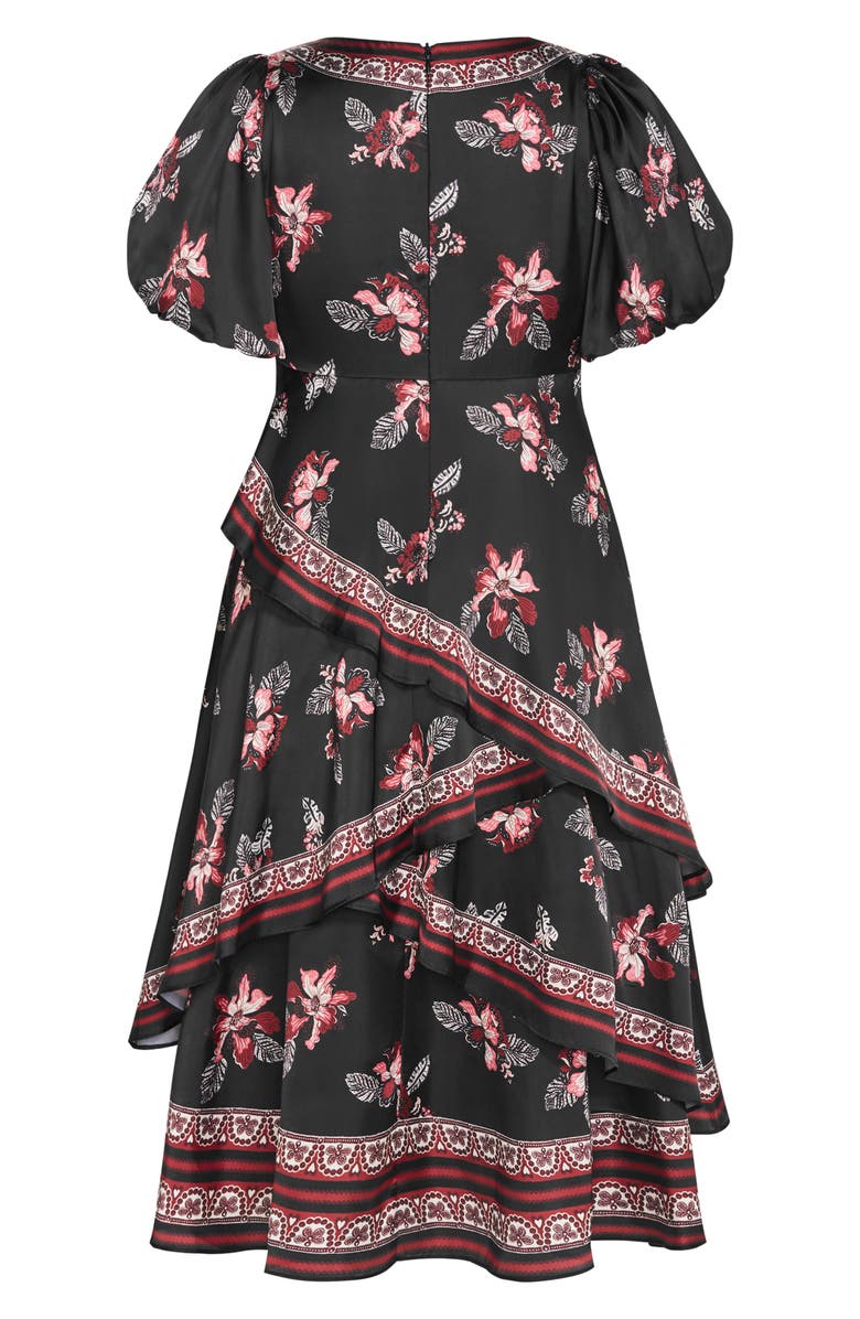 City Chic Thea Floral Tiered Puff Sleeve Midi Dress, Alternate, color, Black Floral