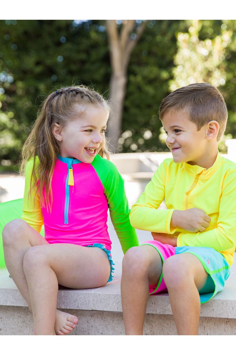 Girls UPF50+ Sun Protection Long Sleeve Rash Guard One Piece, Alternate, color, Neon Color Block