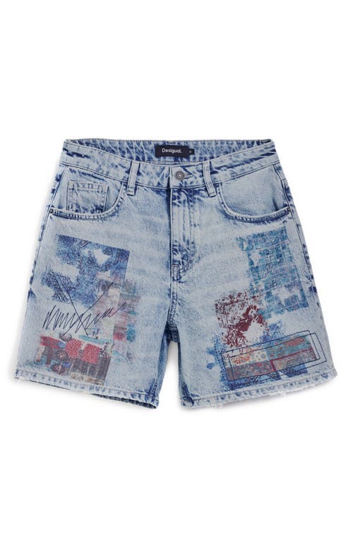 Desigual Patchwork Pattern Denim Shorts In Medium Blue