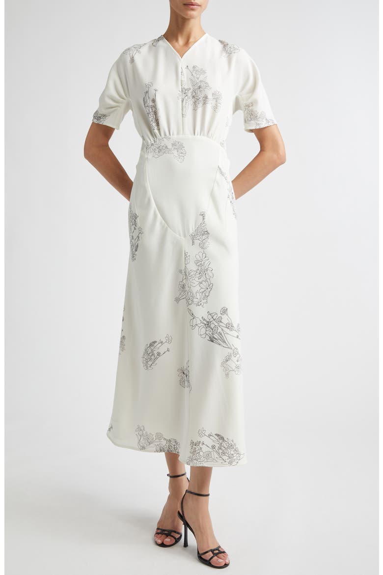 Gathered Detail Floral Stretch Cady Midi Dress, Main, color, OFF WHITE BLACK