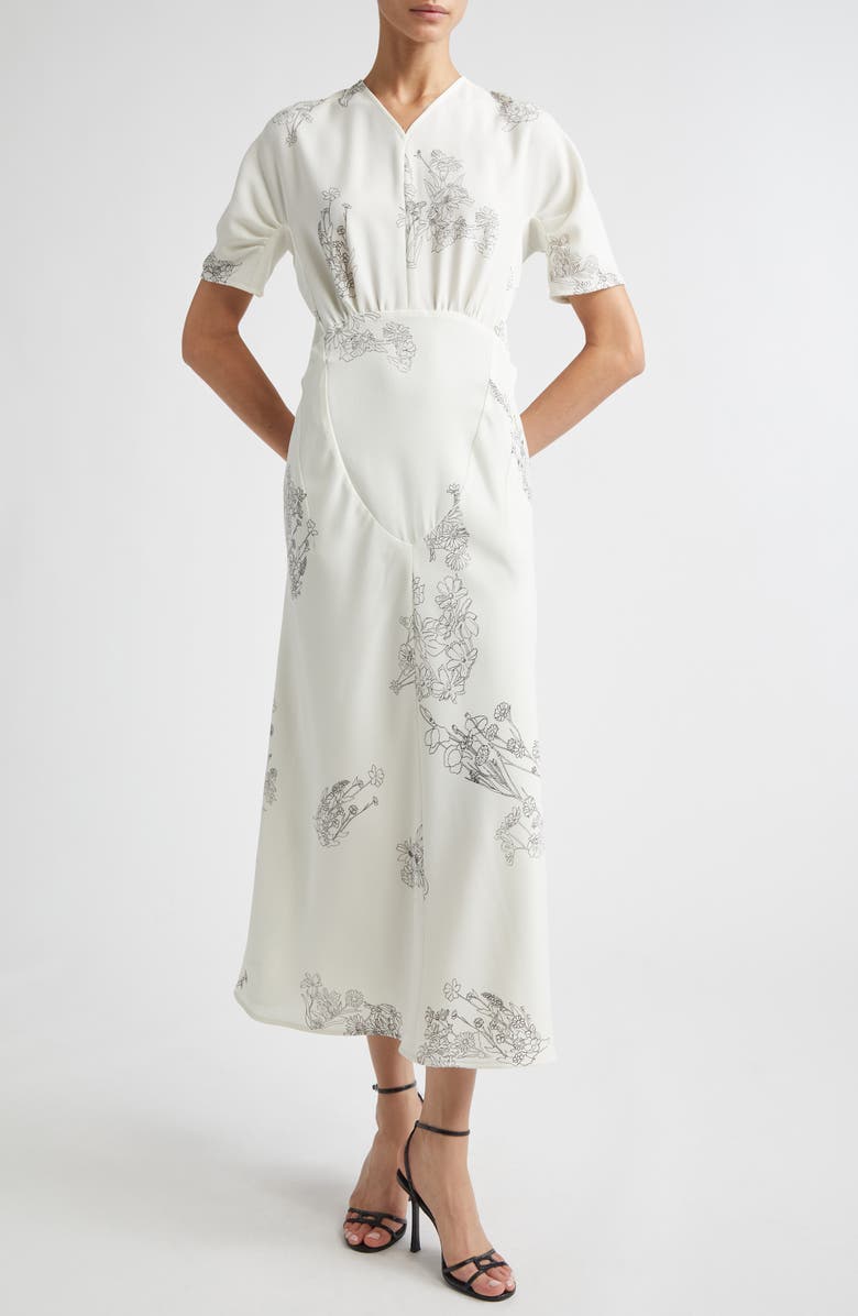 Victoria Beckham Gathered Detail Floral Stretch Cady Midi Dress, Main, color, Off White Black