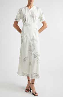 Gathered Detail Floral Stretch Cady Midi Dress