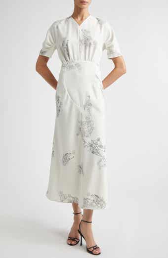 Gathered Detail Floral Stretch Cady Midi Dress