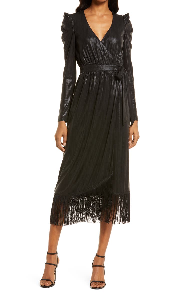 Dream Big Metallic Puff Long Sleeve Midi Dress, Main, color, BLACK