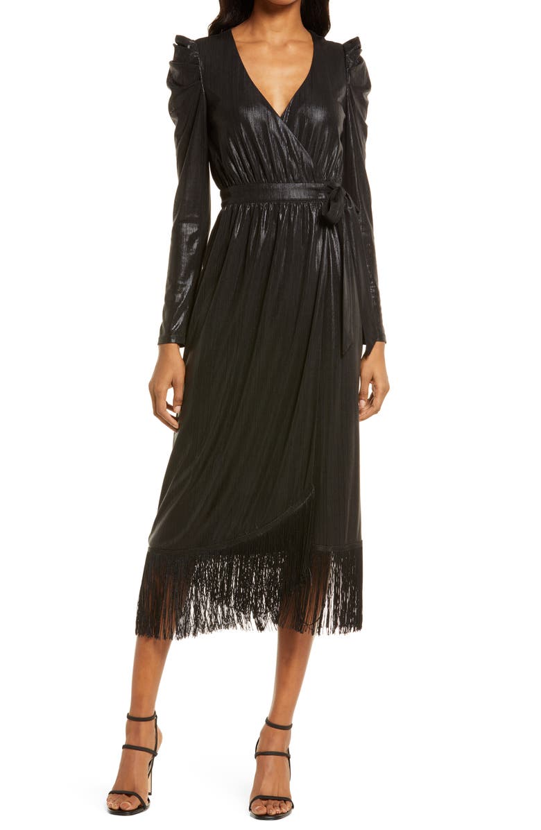 Lulus Dream Big Metallic Puff Long Sleeve Midi Dress, Main, color, 