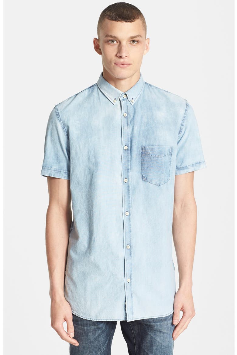 'Seven Ft' Short Sleeve Acid Washed Woven Shirt, Main, color, LT. BLUE ACID