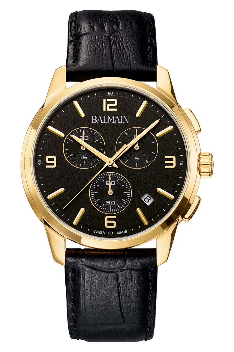 Madrigal Chronograph Leather Strap Watch, 42mm, Main, color, BLACK