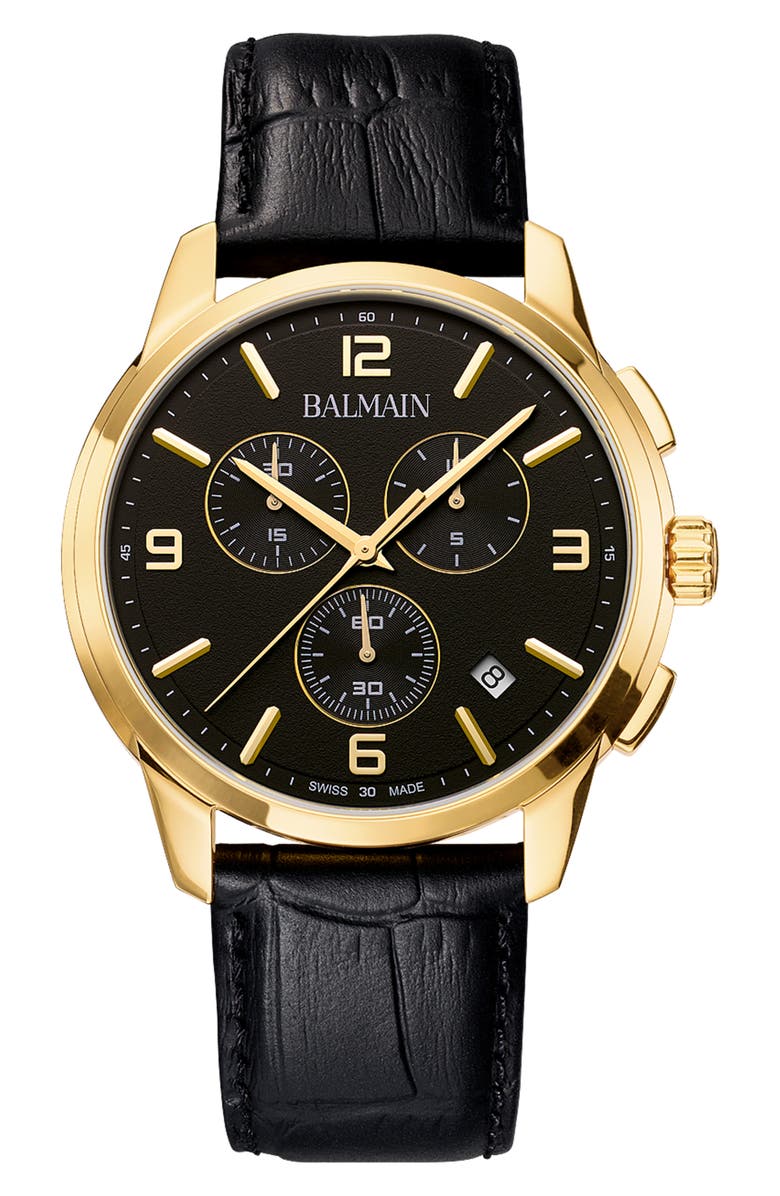 BALMAIN WATCHES Madrigal Chronograph Leather Strap Watch, 42mm, Main, color, Black