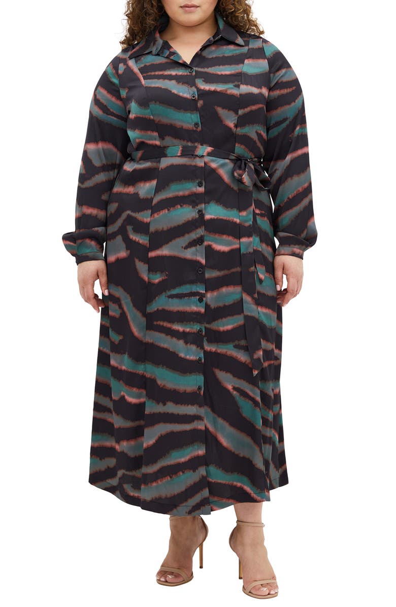 City Chic Untamed Long Sleeve Shirtdress, Main, color, Teal Untamed